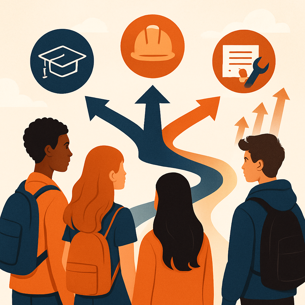 Illustration of students choosing among multiple post-high-school paths